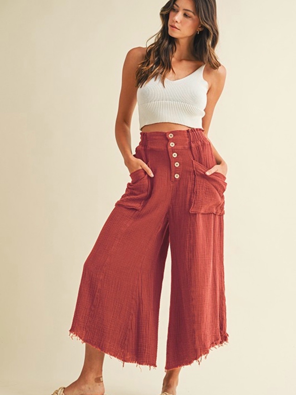 High-Waist Wide-Leg Cropped Pants in Rust